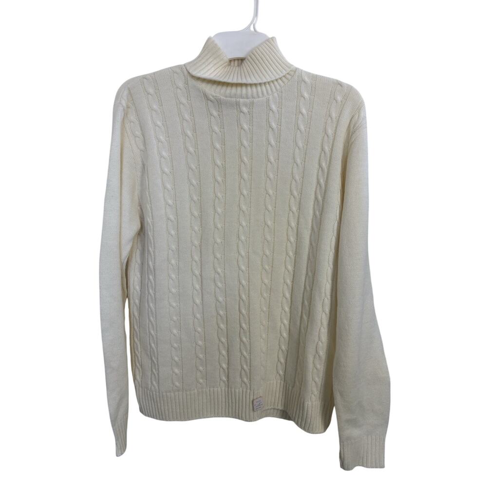 Deadstock 70s Cable Knit Cream Turtleneck Sweater Men's L Fisherman Preppy
